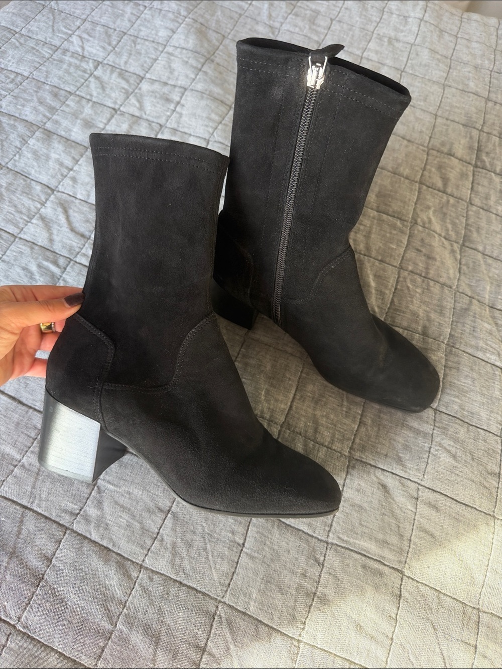 Women's Black Suede Mid-Calf Block Heel Boots with Side Zip